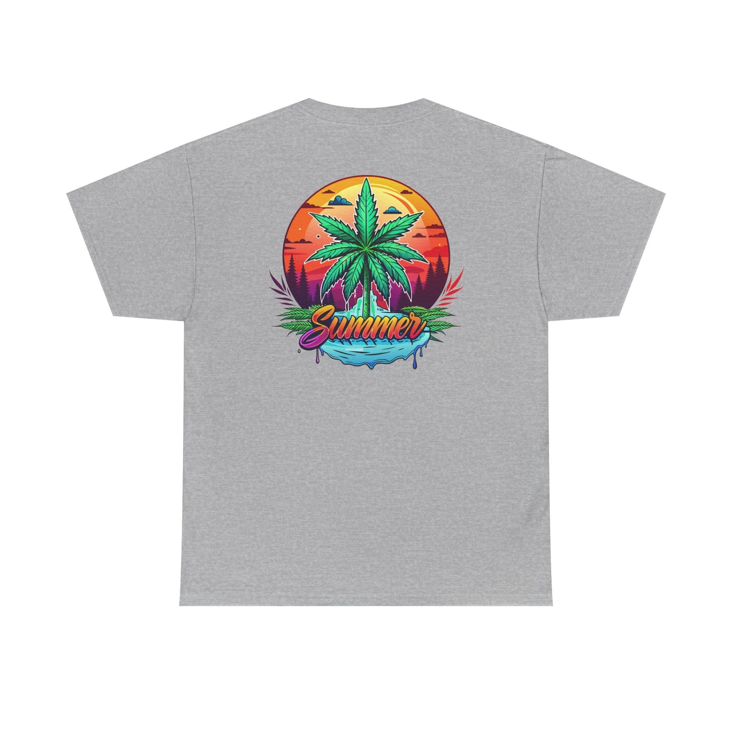 Summer Cannabis Leaf T-Shirt – Retro Tropical Sunset Tee Both
