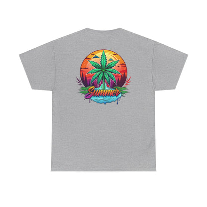 Summer Cannabis Leaf T-Shirt – Retro Tropical Sunset Tee Both