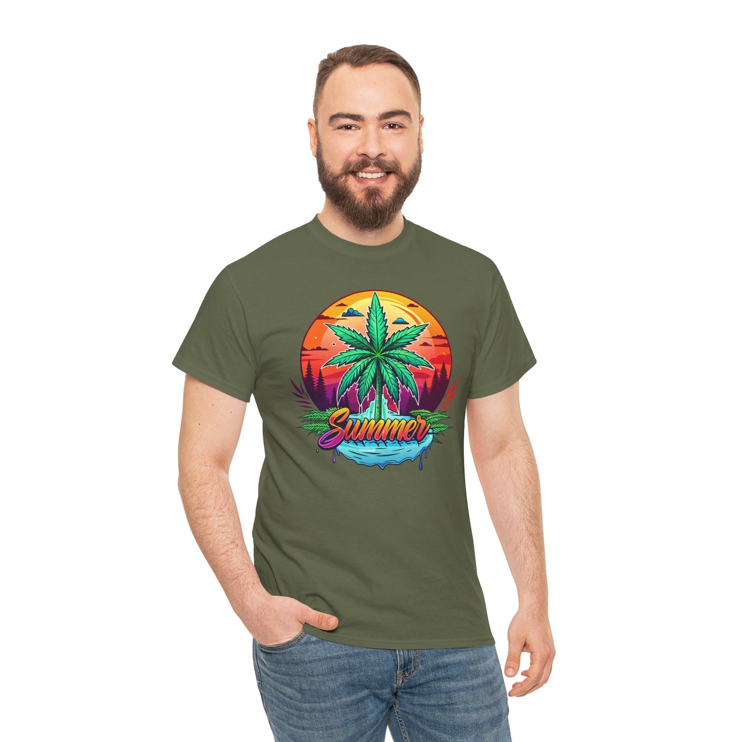 Summer Cannabis Leaf T-Shirt – Retro Tropical Sunset Tee