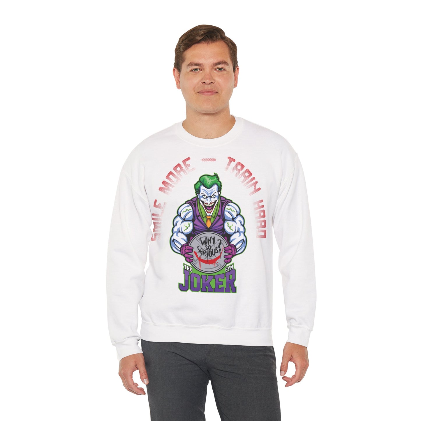Unisex Joker-Inspired Crewneck Sweatshirt - 'Smile More, Train Hard' White