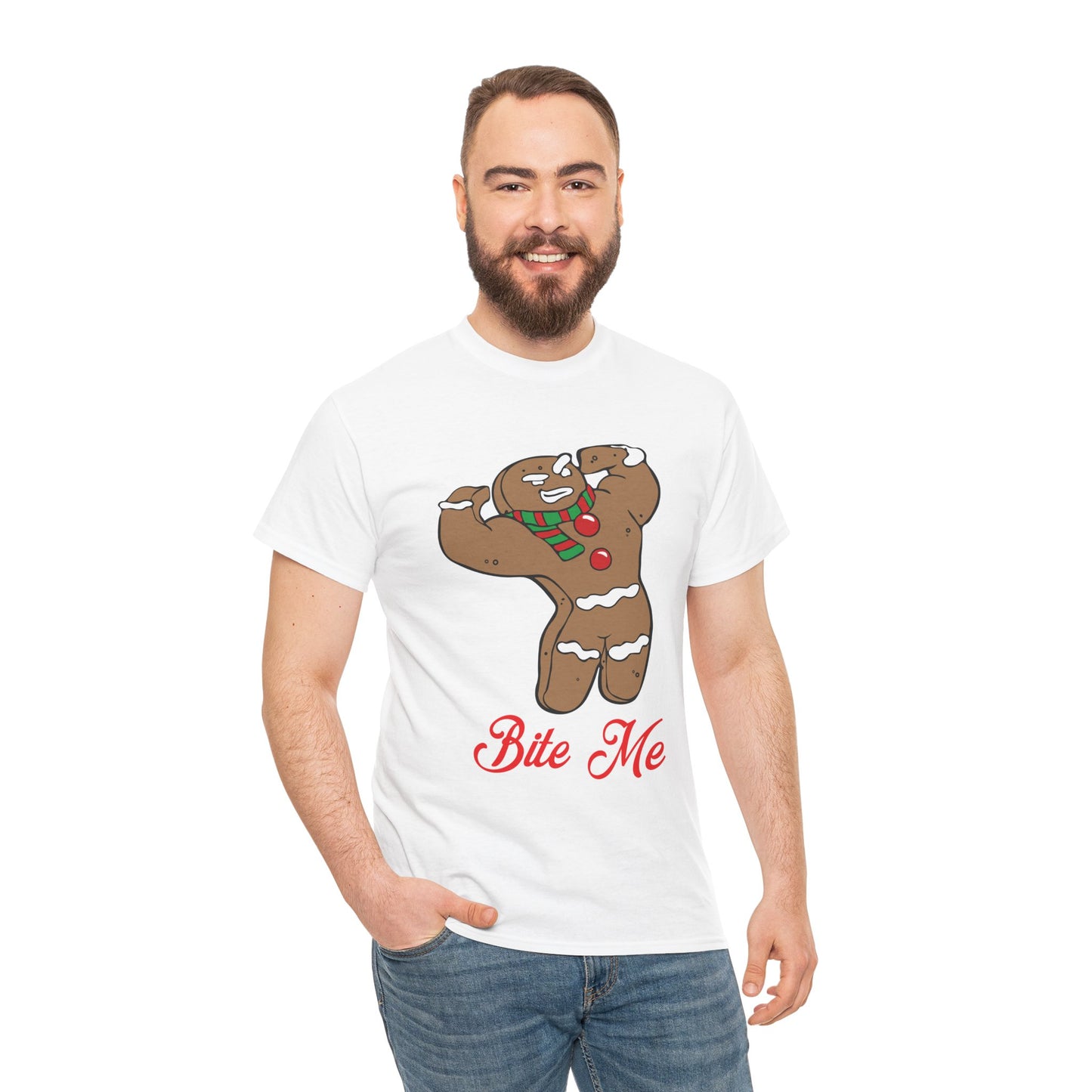Funny Gingerbread Man Christmas T-Shirt - "Bite Me" Holiday Tee White