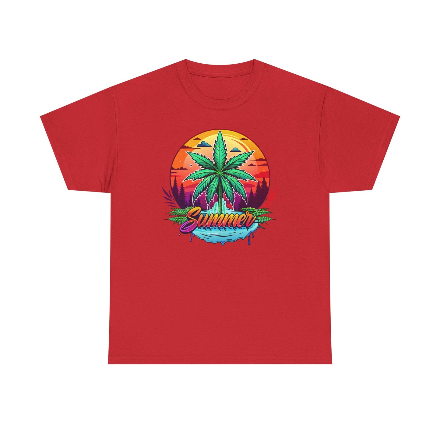 Summer Cannabis Leaf T-Shirt – Retro Tropical Sunset Tee