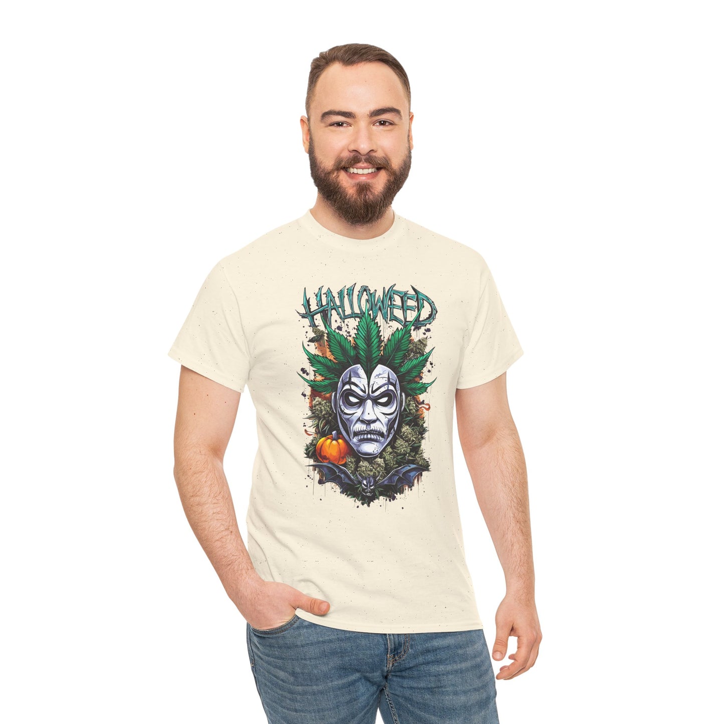 Hallowed Harvest Tee — Halloween Mask & Pumpkin Graphic T-Shirt