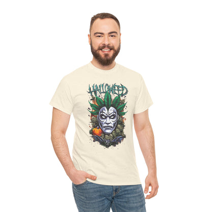 Hallowed Harvest Tee — Halloween Mask & Pumpkin Graphic T-Shirt