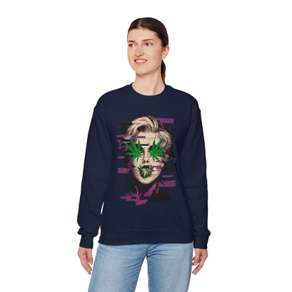 Vintage Portrait Sweatshirt — Glitch Art Face with Cannabis Leaf Mask