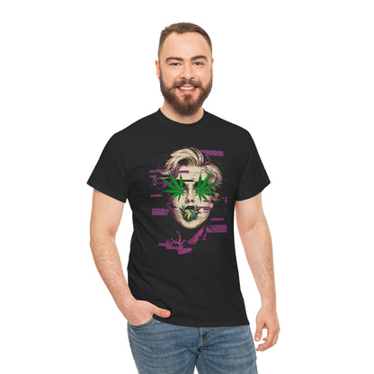 Vintage Portrait Tee — Glitch Art Face with Cannabis Leaf Mask
