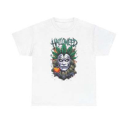 Hallowed Harvest Tee — Halloween Mask & Pumpkin Graphic T-Shirt