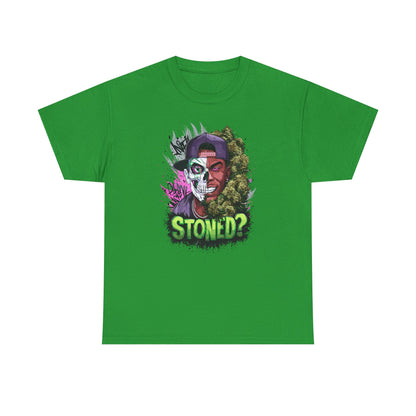 T-Shirt — 'Stoned?' Skull Face Graphic Tee for Cannabis Lovers