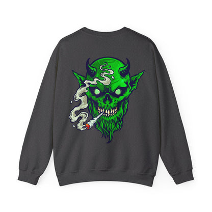 Smoking Green Demon Skull Sweatshirt — Creepy Stoner Graphic