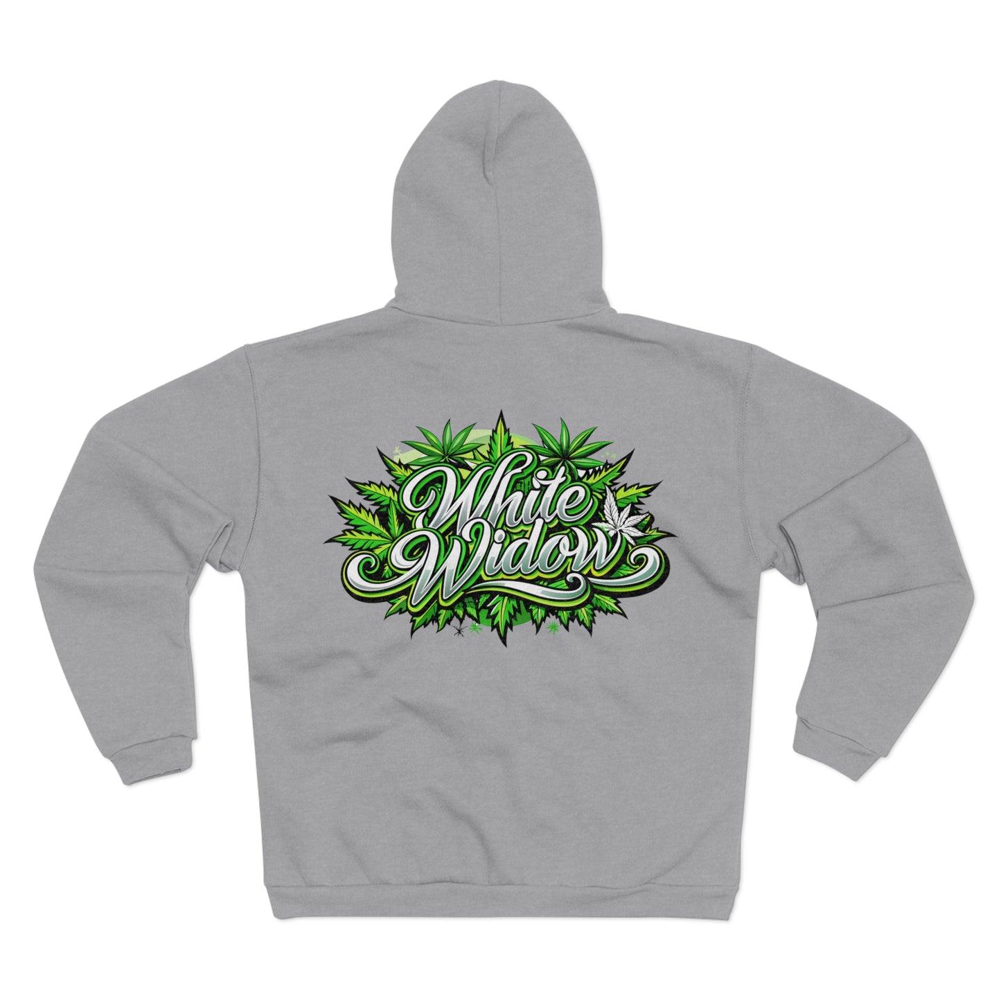White Widow Graphic Zip Hoodie — Cannabis Leaf Logo Zip Hoodie