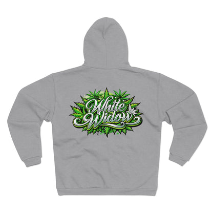 White Widow Graphic Zip Hoodie — Cannabis Leaf Logo Zip Hoodie