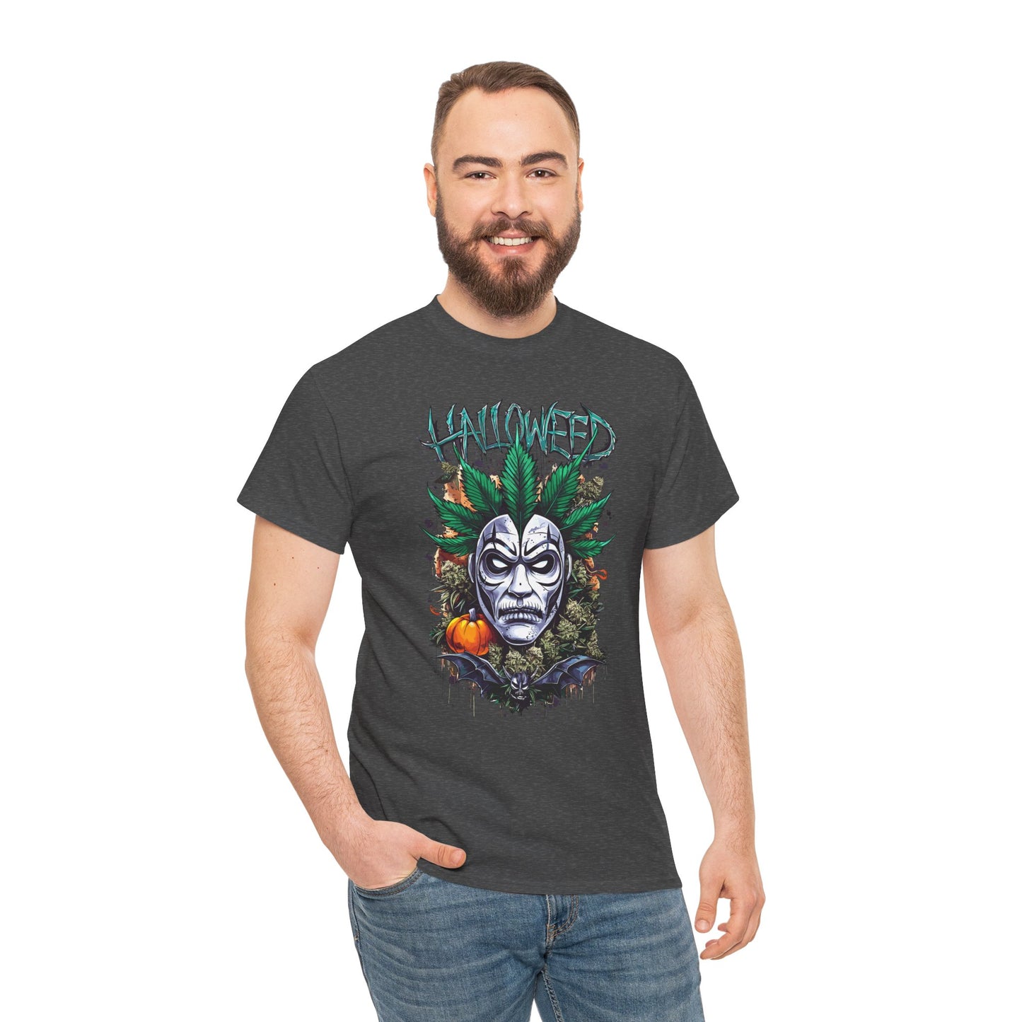 Hallowed Harvest Tee — Halloween Mask & Pumpkin Graphic T-Shirt