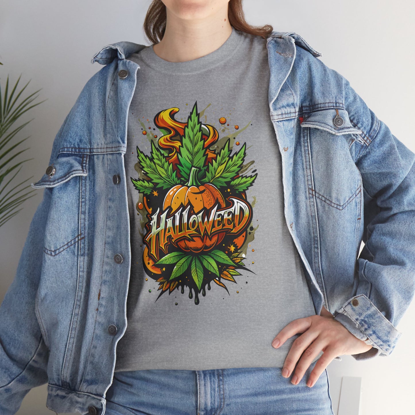 Halloween Pumpkin Graphic Tee — 'Halloween' Pumpkin & Leaves Illustration
