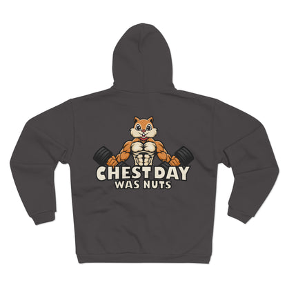 Funny Gym Hoodie - "Chestday Was Nuts"  Unisex Hooded Zip Sweatshirt