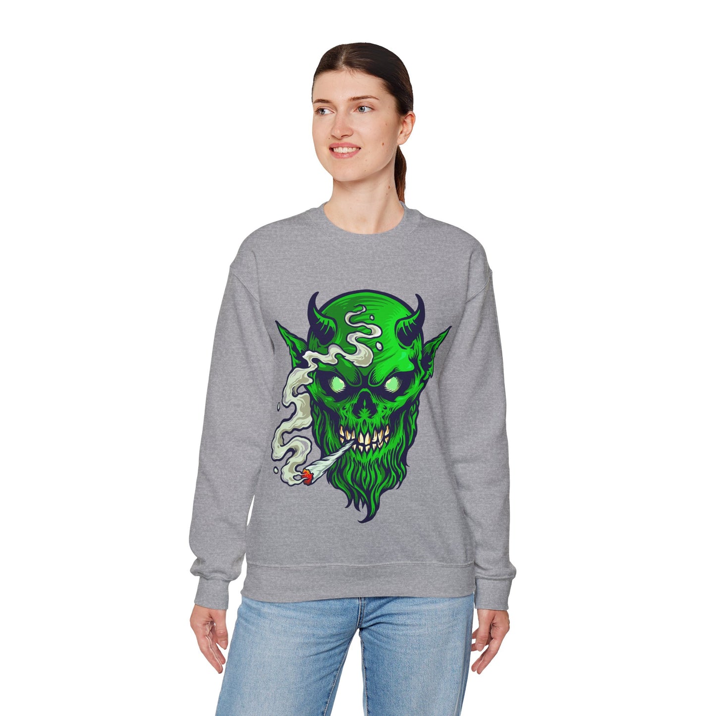 Smoking Green Demon Skull Sweatshirt — Creepy Stoner Graphic