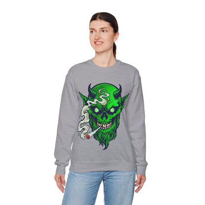 Smoking Green Demon Skull Sweatshirt — Creepy Stoner Graphic