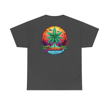 Summer Cannabis Leaf T-Shirt – Retro Tropical Sunset Tee Both