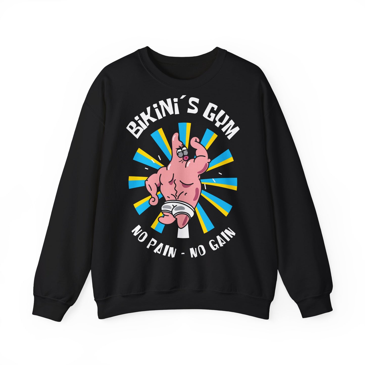 Funny Fitness Unisex Heavy Blend™ Crewneck Sweatshirt - 'Bikini's Gym - No Pain No Gain' Black