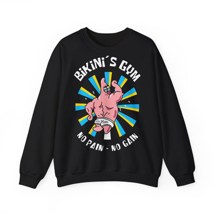 Funny Fitness Unisex Heavy Blend™ Crewneck Sweatshirt - 'Bikini's Gym - No Pain No Gain' Black