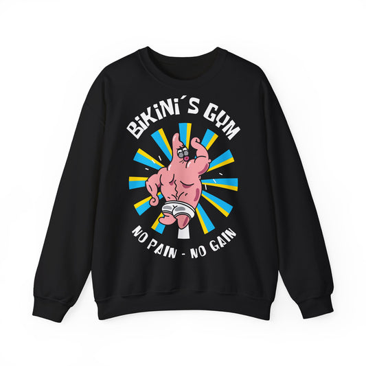 Funny Fitness Unisex Heavy Blend™ Crewneck Sweatshirt - 'Bikini's Gym - No Pain No Gain' Black