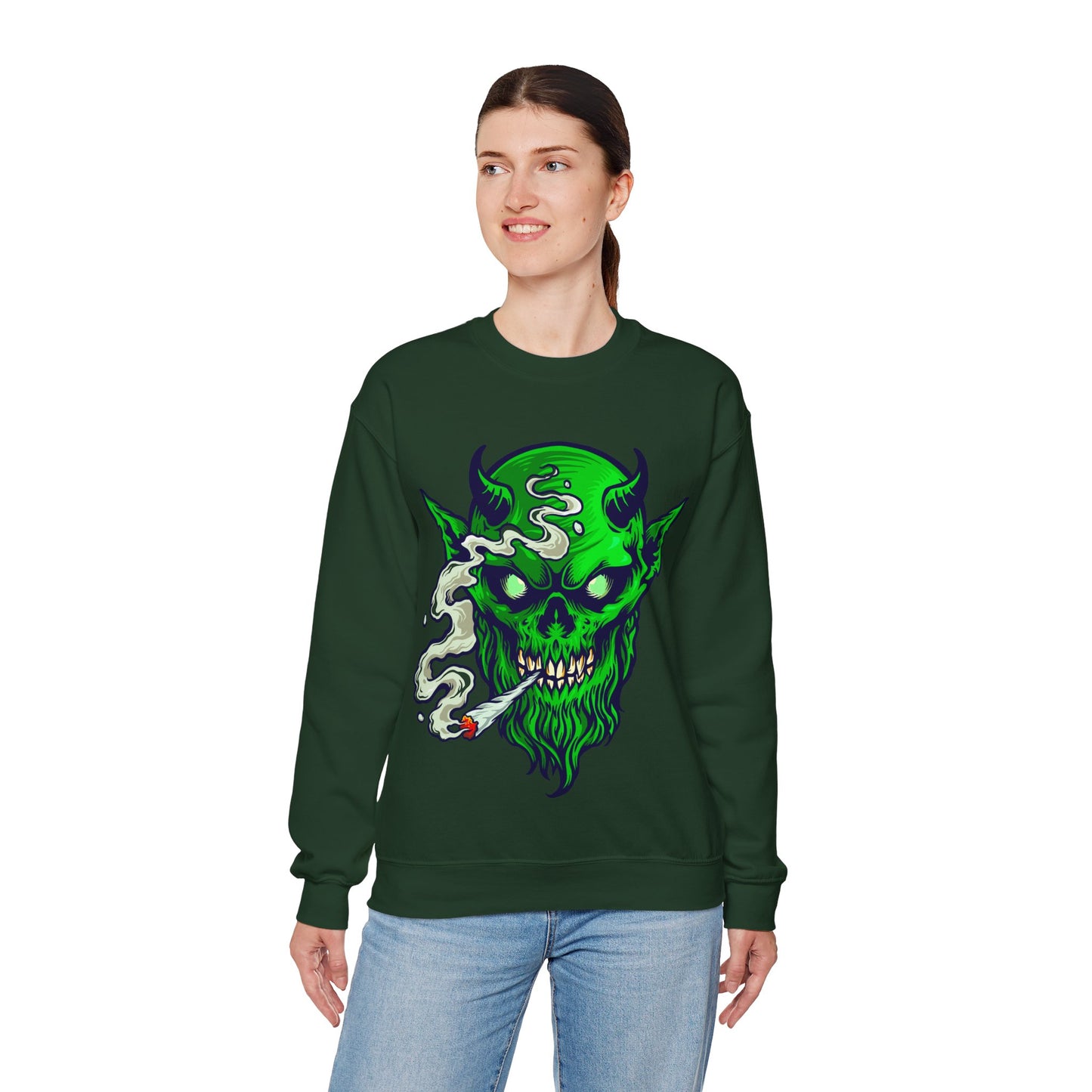 Smoking Green Demon Skull Sweatshirt — Creepy Stoner Graphic