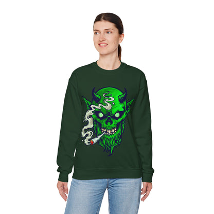 Smoking Green Demon Skull Sweatshirt — Creepy Stoner Graphic