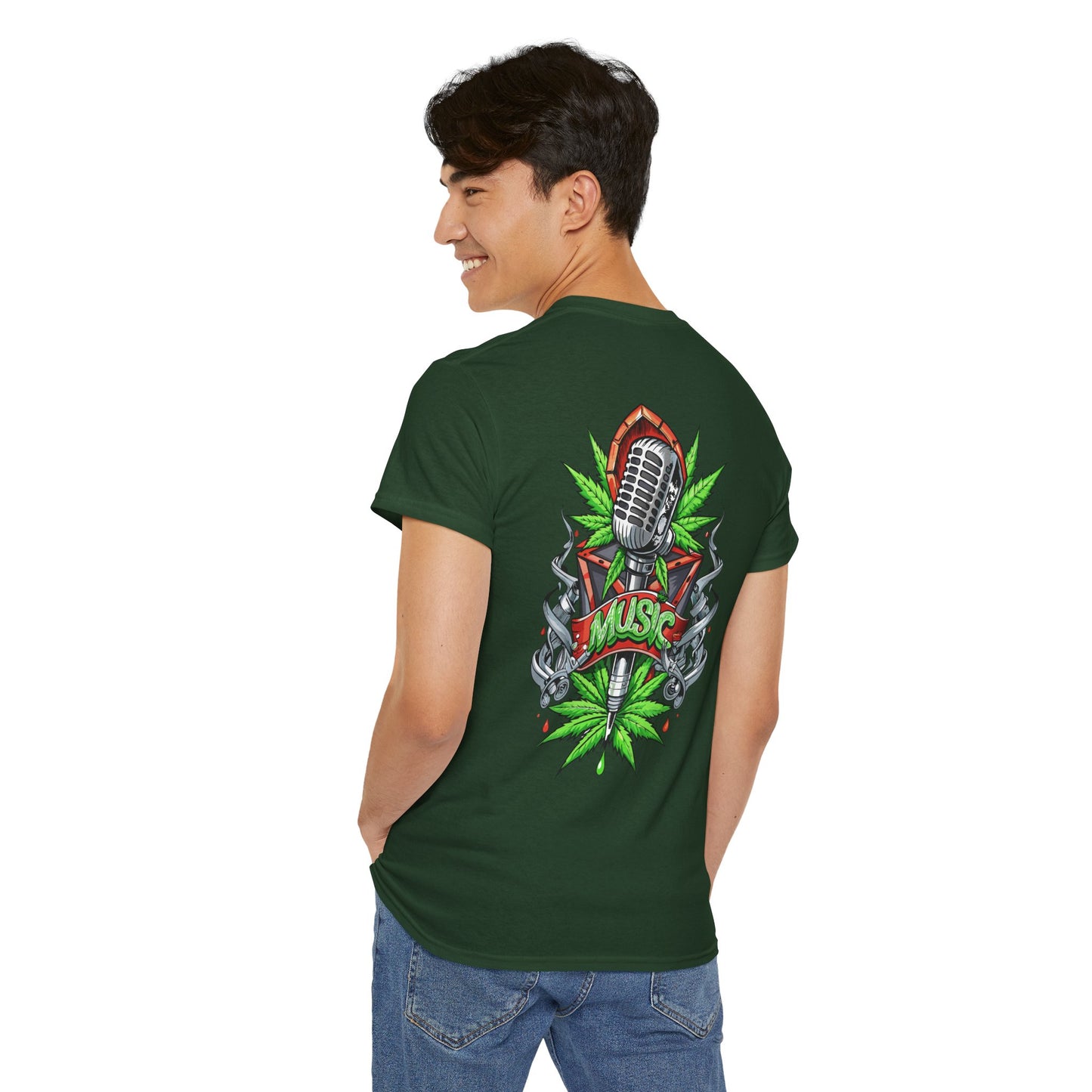 Music Microphone Tee — Retro Mic & Leaf Graphic T-Shirt