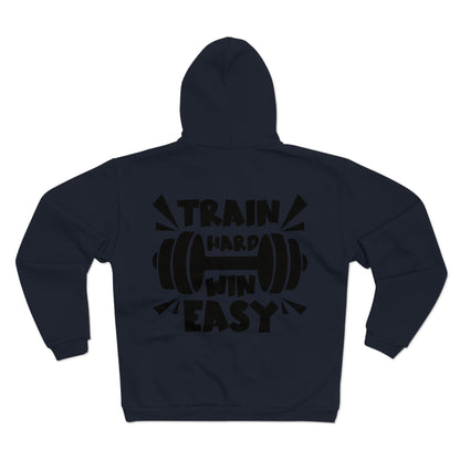 Motivational Unisex Hooded Zip Sweatshirt - "Train Hard Win Easy"