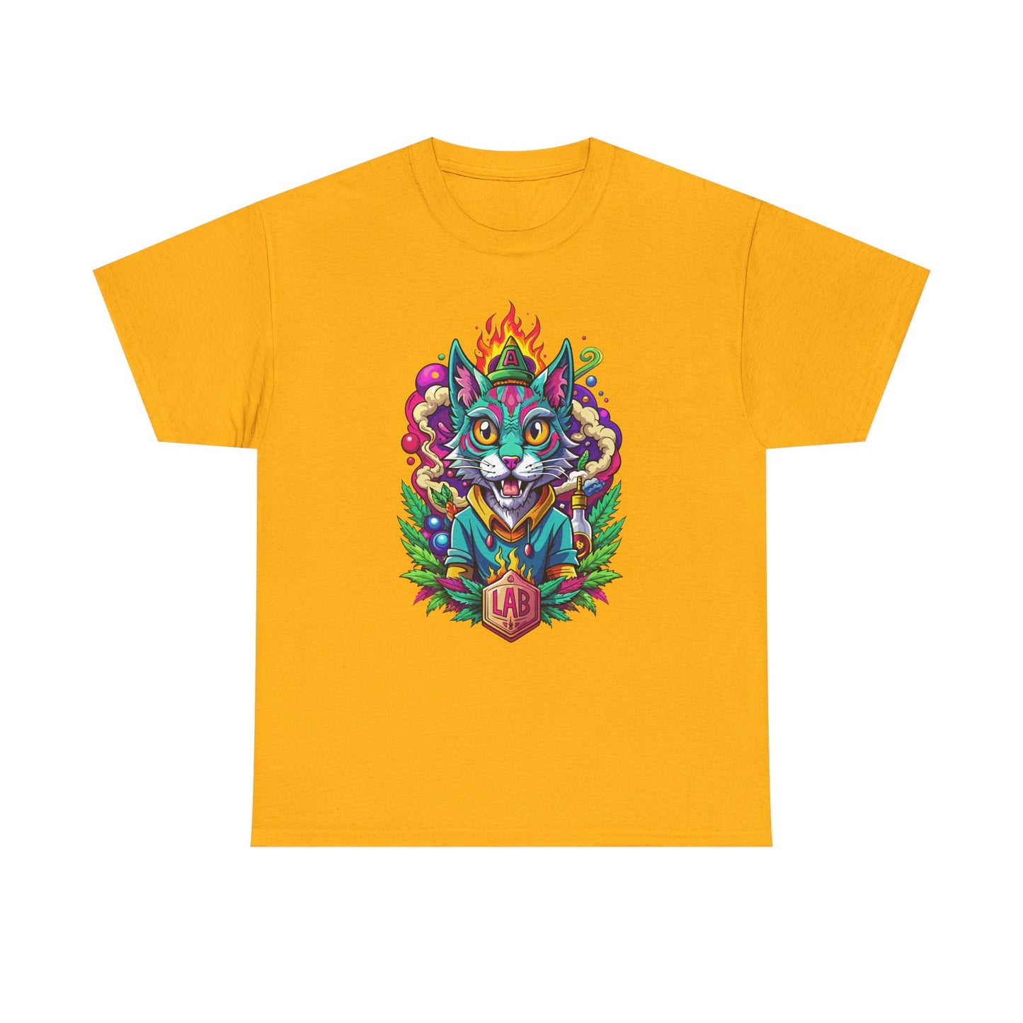 Psychedelic Flame Cat Graphic Tee — Colorful Trippy Cat Design