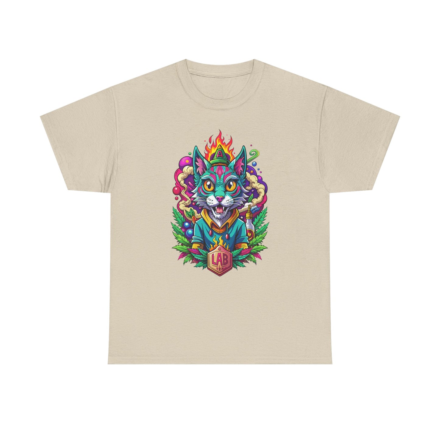Psychedelic Flame Cat Graphic Tee — Colorful Trippy Cat Design