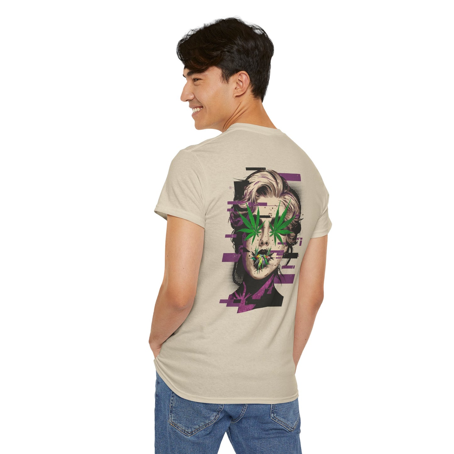 Vintage Portrait Tee — Glitch Art Face with Cannabis Leaf Mask