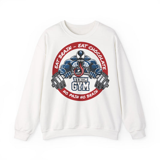 Venom Gym Unisex Heavy Blend Crewneck Sweatshirt - Eat Brain, Eat Chocolate, No Pain No Brain White