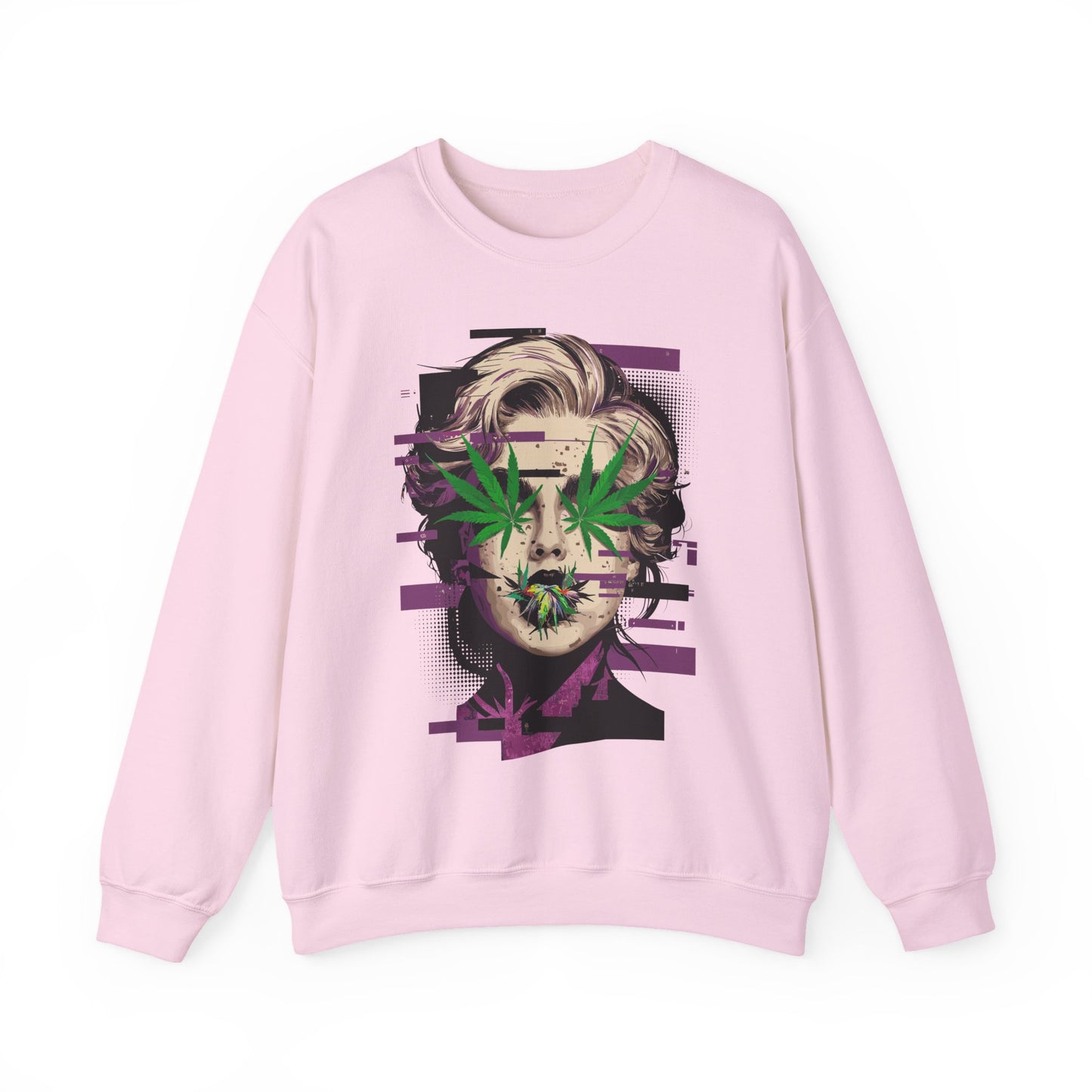 Vintage Portrait Sweatshirt — Glitch Art Face with Cannabis Leaf Mask