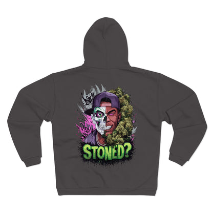 Zip Hoodie — 'Stoned?' Skull Face Graphic Zip for Cannabis Lovers