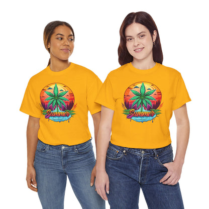 Summer Cannabis Leaf T-Shirt – Retro Tropical Sunset Tee Both