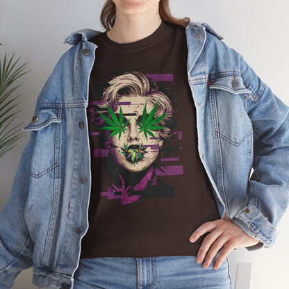 Vintage Portrait Tee — Glitch Art Face with Cannabis Leaf Mask