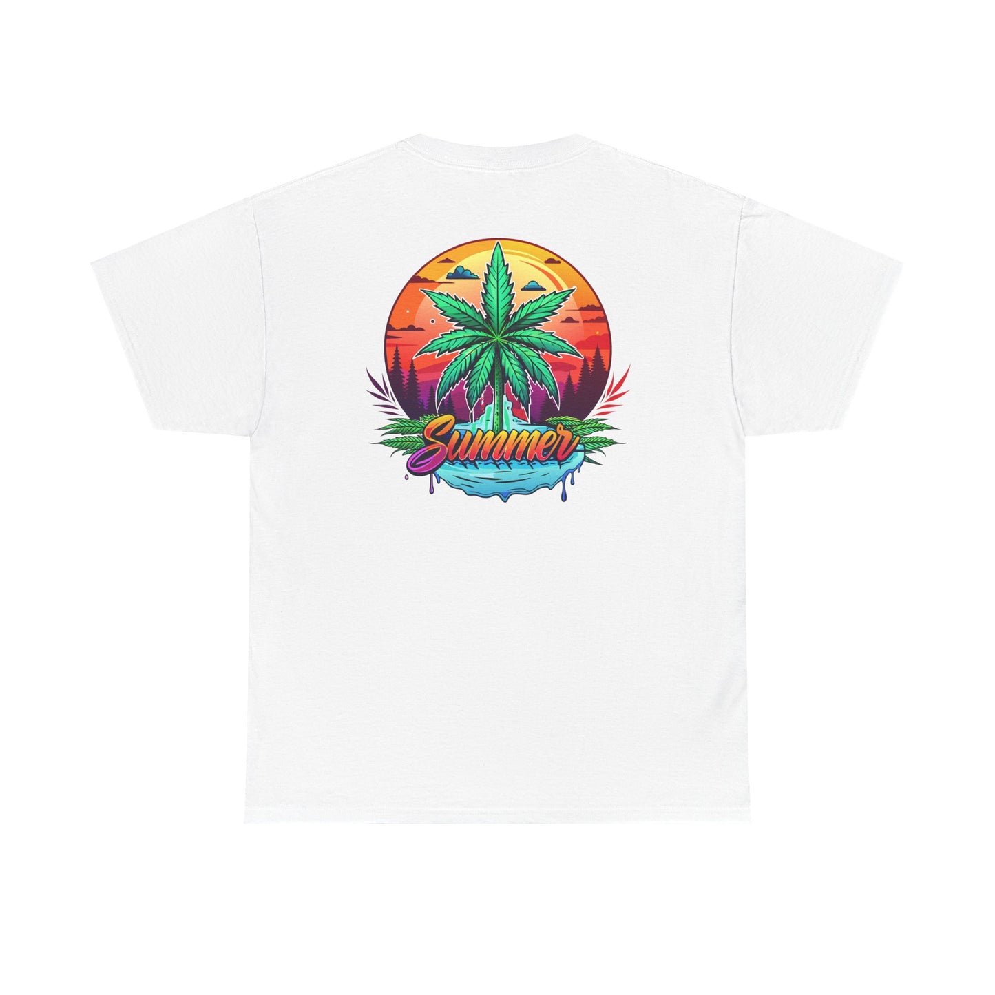 Summer Cannabis Leaf T-Shirt – Retro Tropical Sunset Tee Both