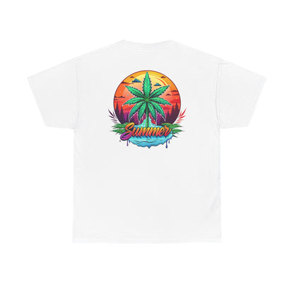 Summer Cannabis Leaf T-Shirt – Retro Tropical Sunset Tee Both