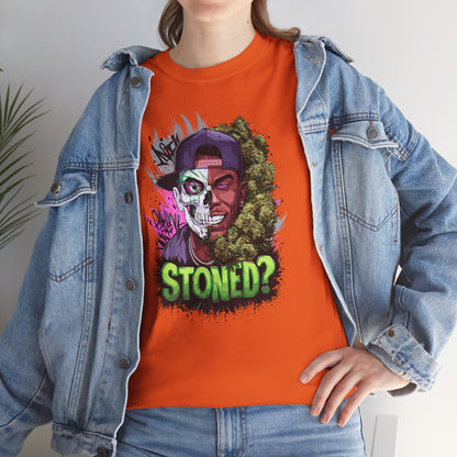 T-Shirt — 'Stoned?' Skull Face Graphic Tee for Cannabis Lovers