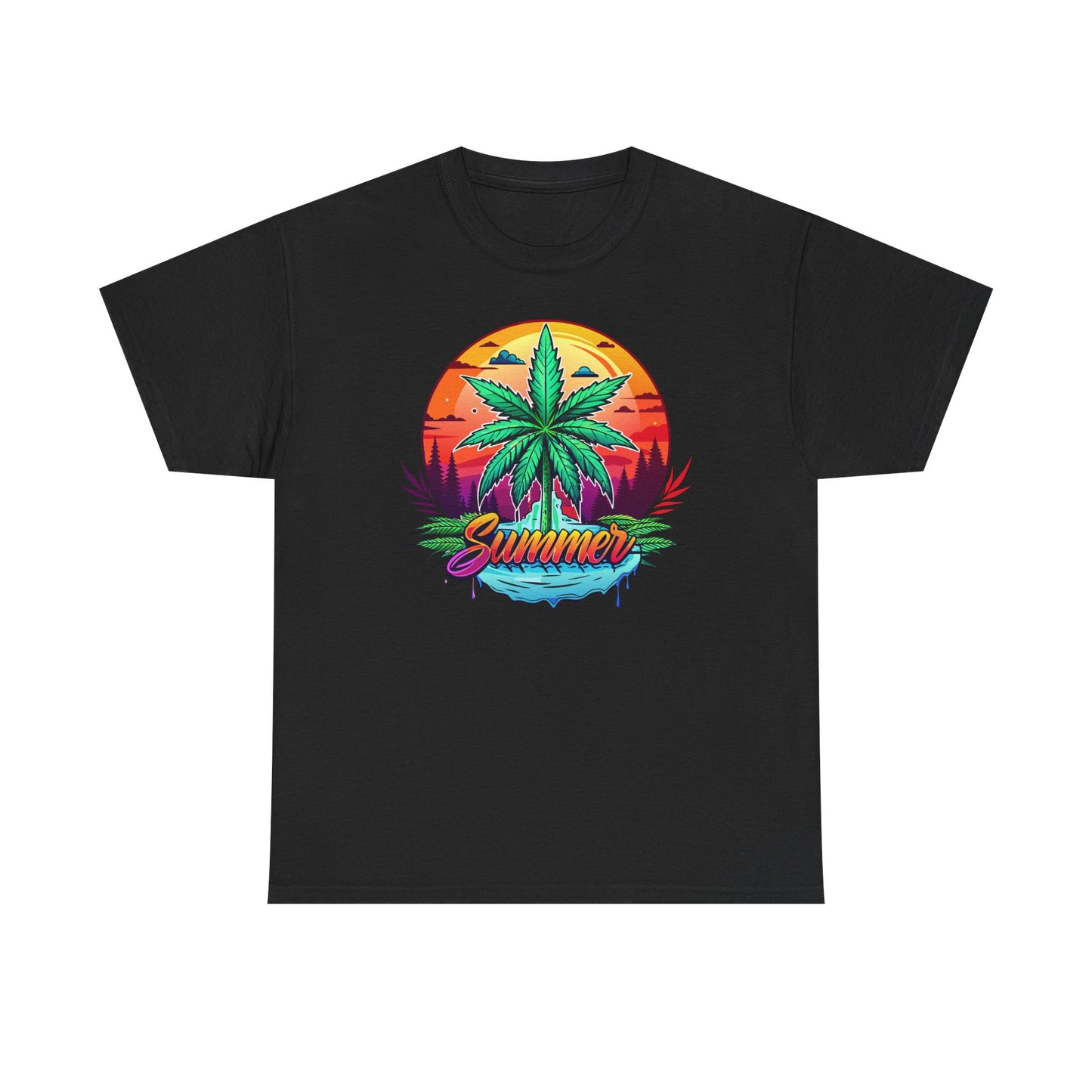 Summer Cannabis Leaf T-Shirt – Retro Tropical Sunset Tee