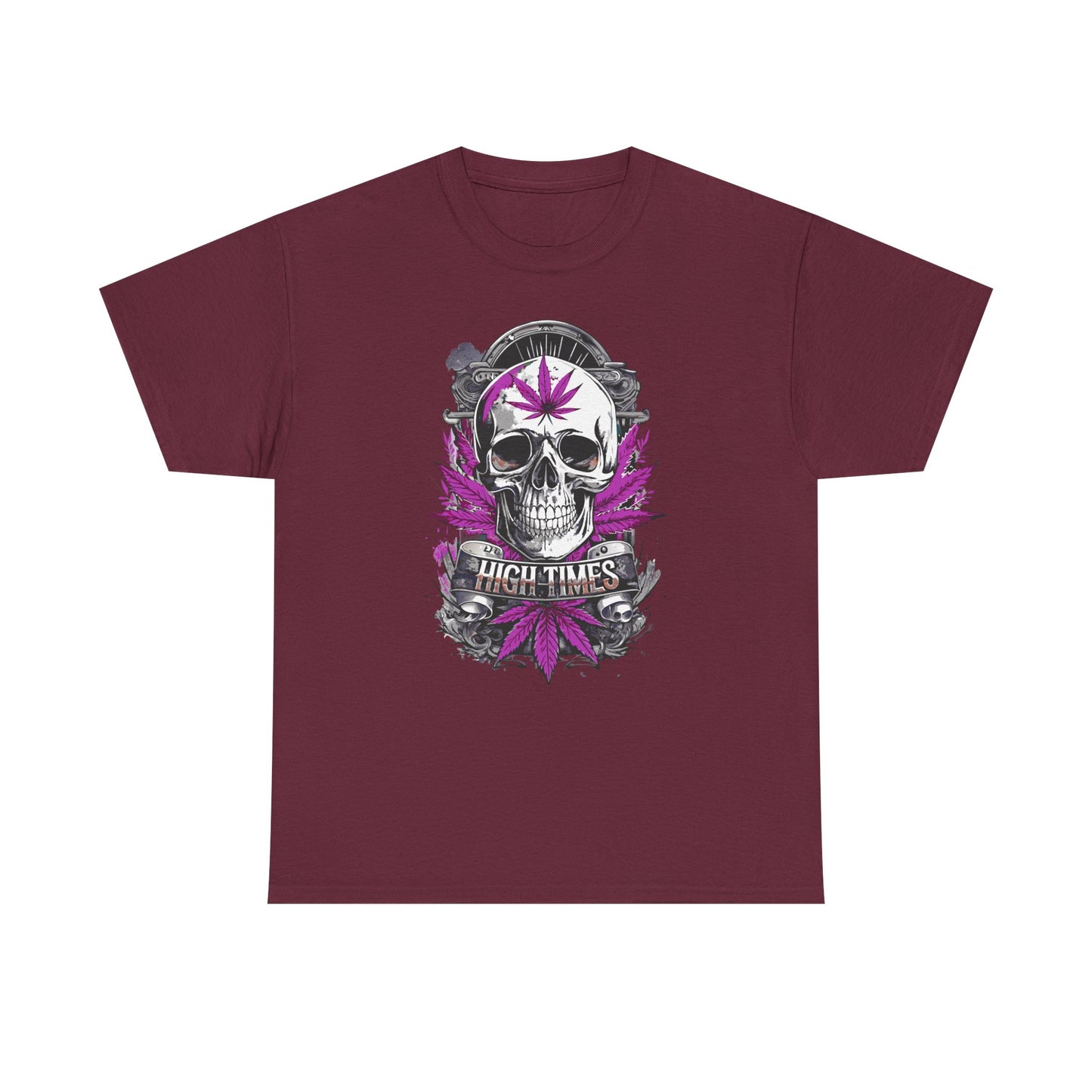Skull & Purple Cannabis Leaf Tee - "High Times" Graphic T-Shirt Both