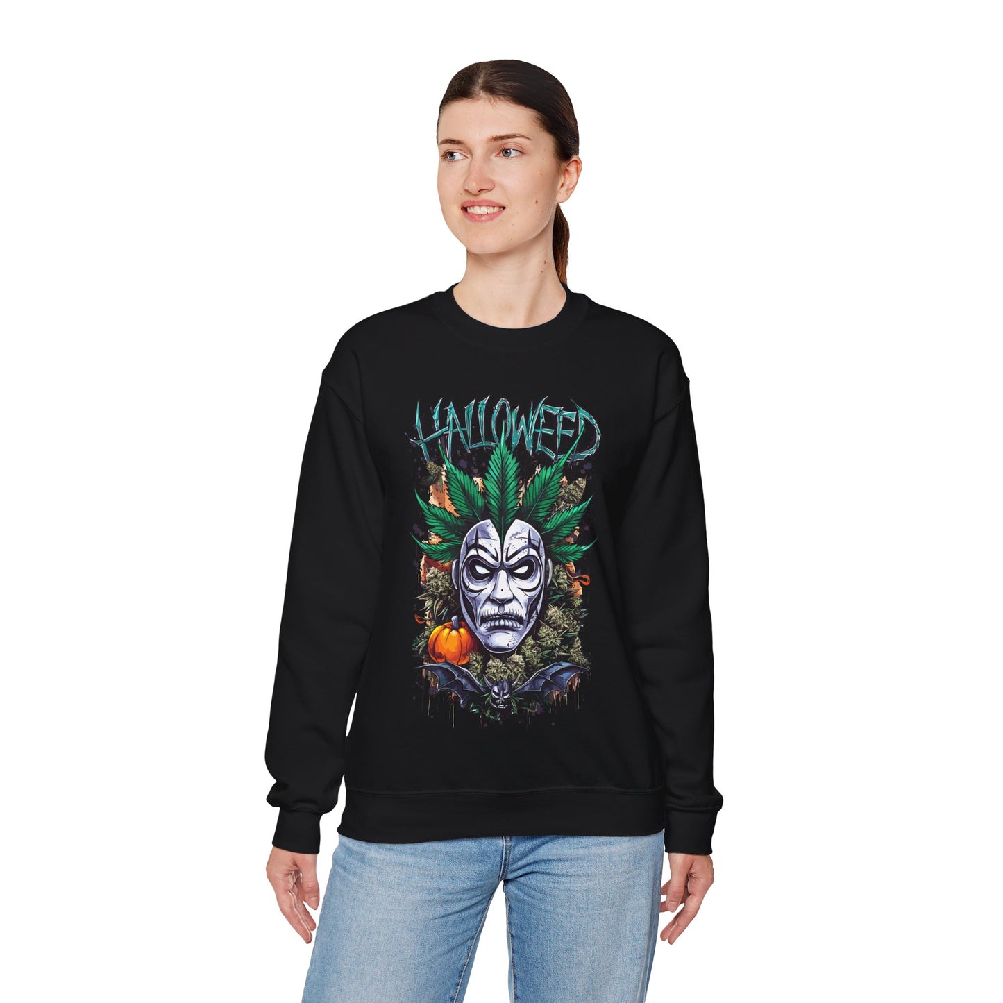 Hallowed Harvest — Halloween Mask & Pumpkin Graphic Sweatshirt