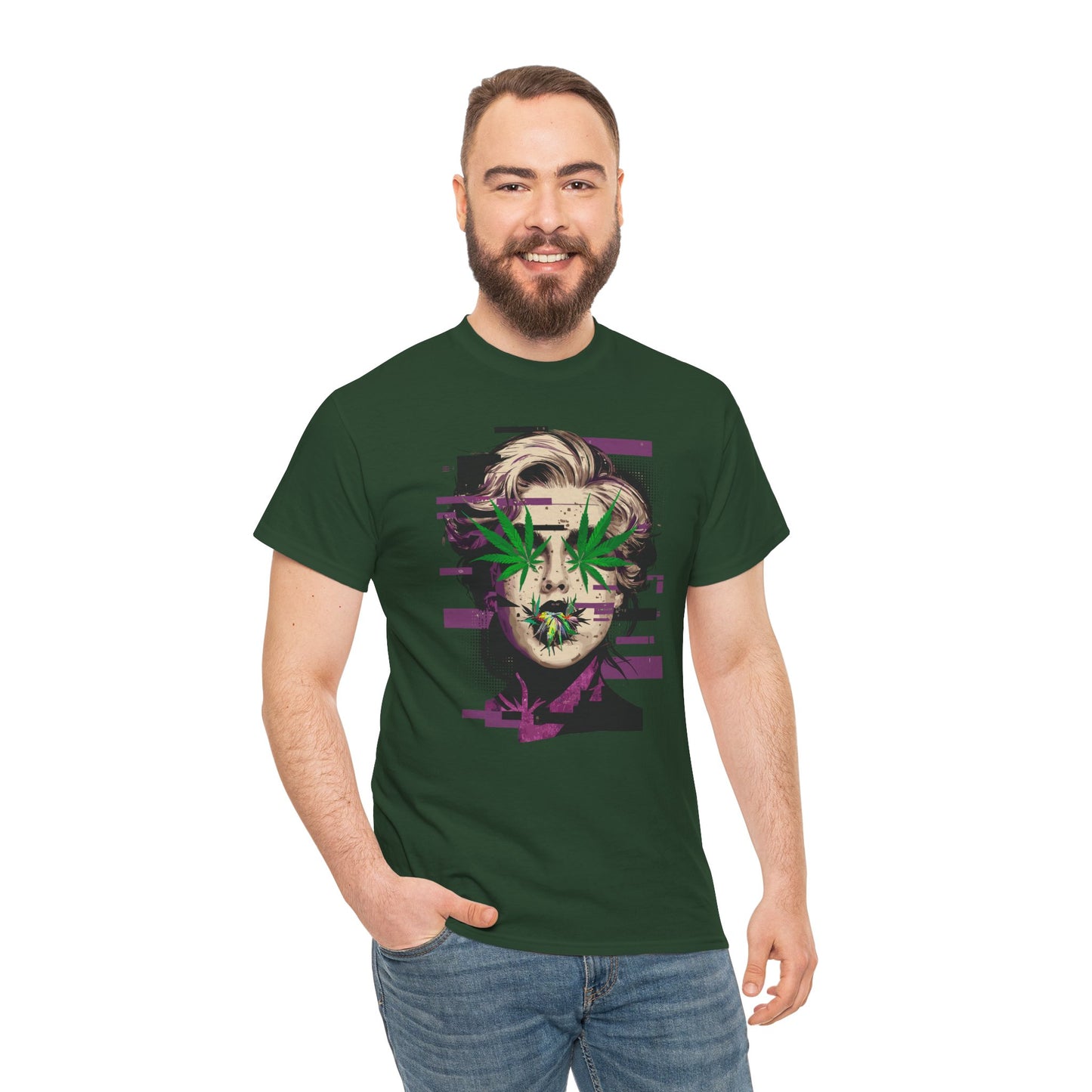 Vintage Portrait Tee — Glitch Art Face with Cannabis Leaf Mask