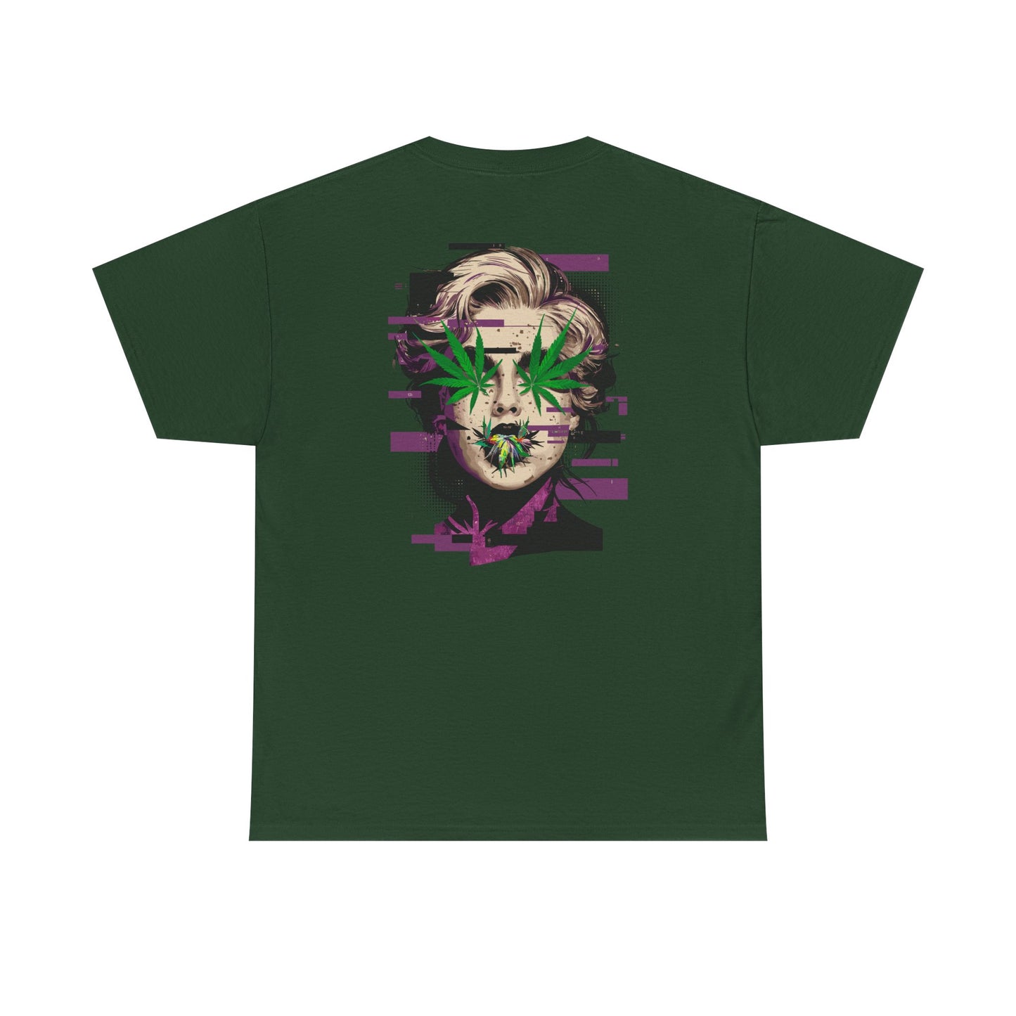 Vintage Portrait Tee — Glitch Art Face with Cannabis Leaf Mask