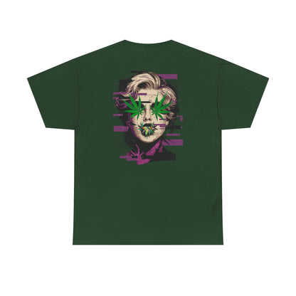 Vintage Portrait Tee — Glitch Art Face with Cannabis Leaf Mask