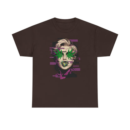Vintage Portrait Tee — Glitch Art Face with Cannabis Leaf Mask
