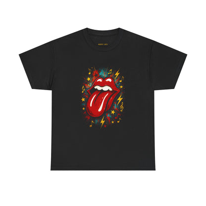 Rock Tongue Graphic Tee — Retro Lightning & Stars Band Shirt