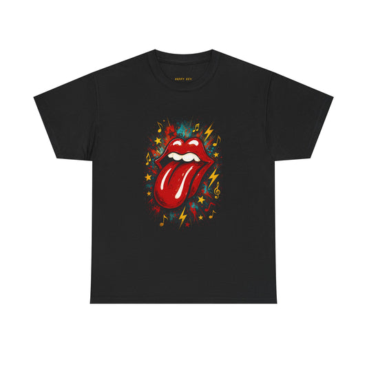 Rock Tongue Graphic Tee — Retro Lightning & Stars Band Shirt