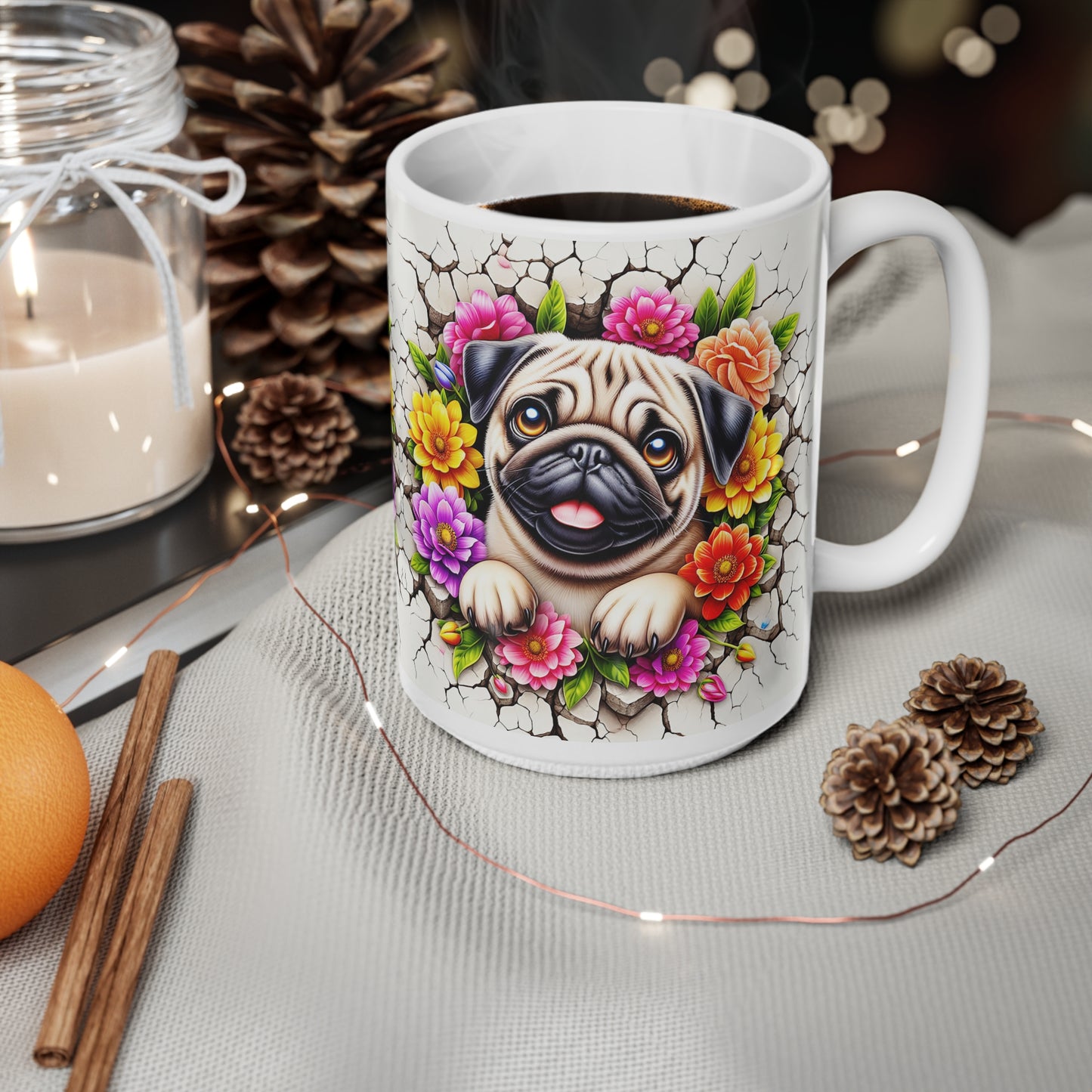 Floral Pug Ceramic Coffee Mug - 11oz & 15oz