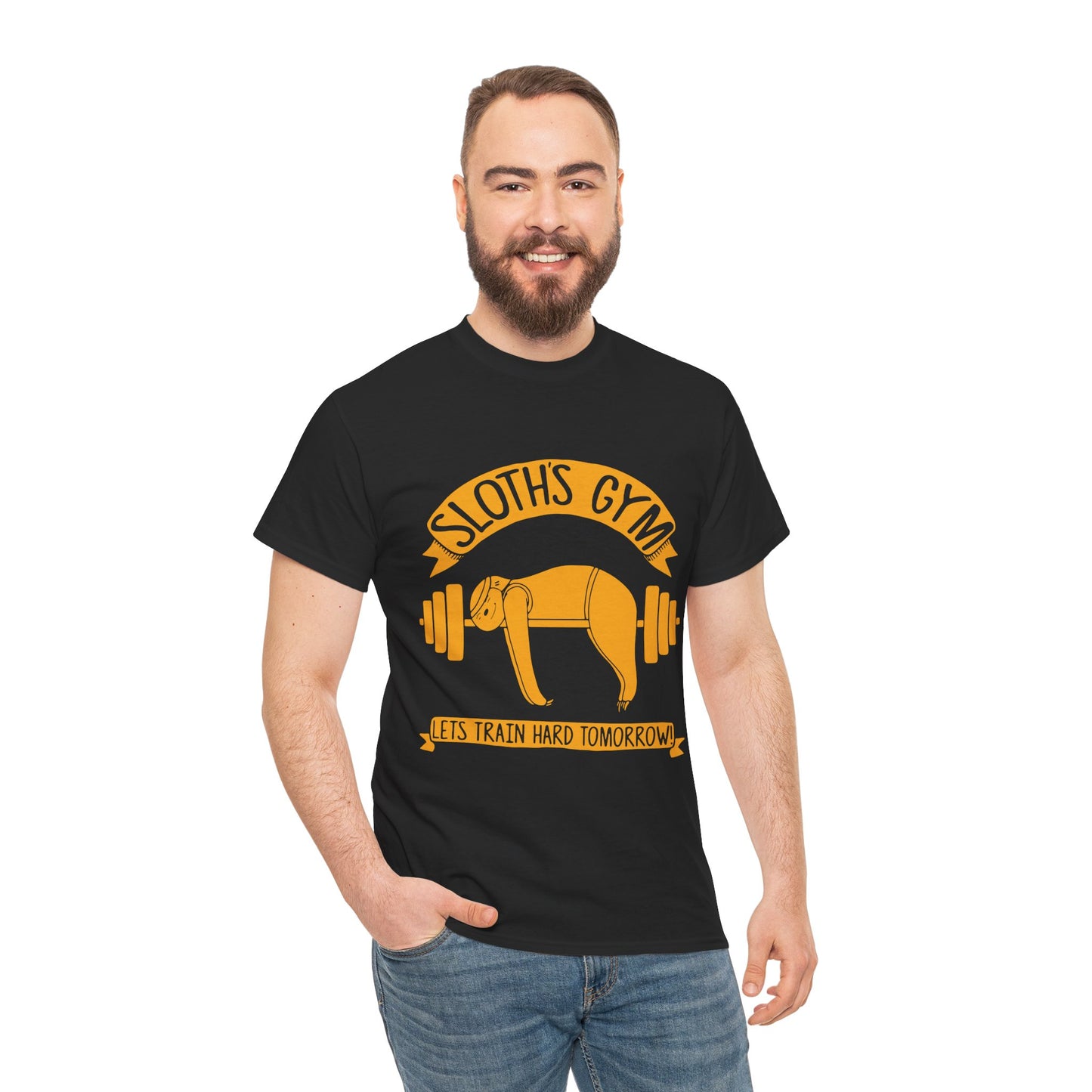Funny Sloth Gym Tee - Unisex Heavy Cotton Tee for Relaxed Fit & Workout Humor Black